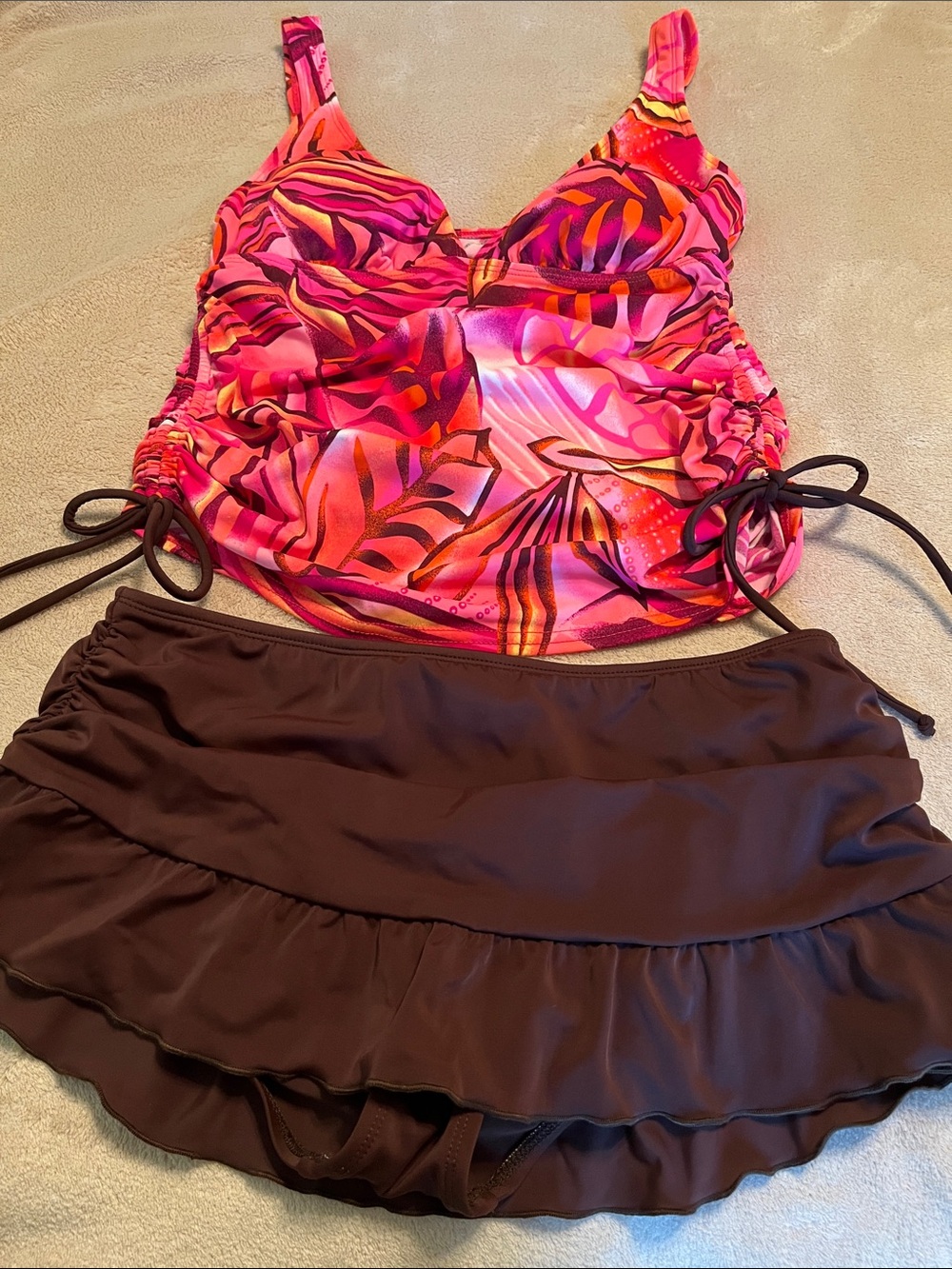 Ocean Avenue Pink & Orange Printed Tankini Top with Brown Swim Skirt